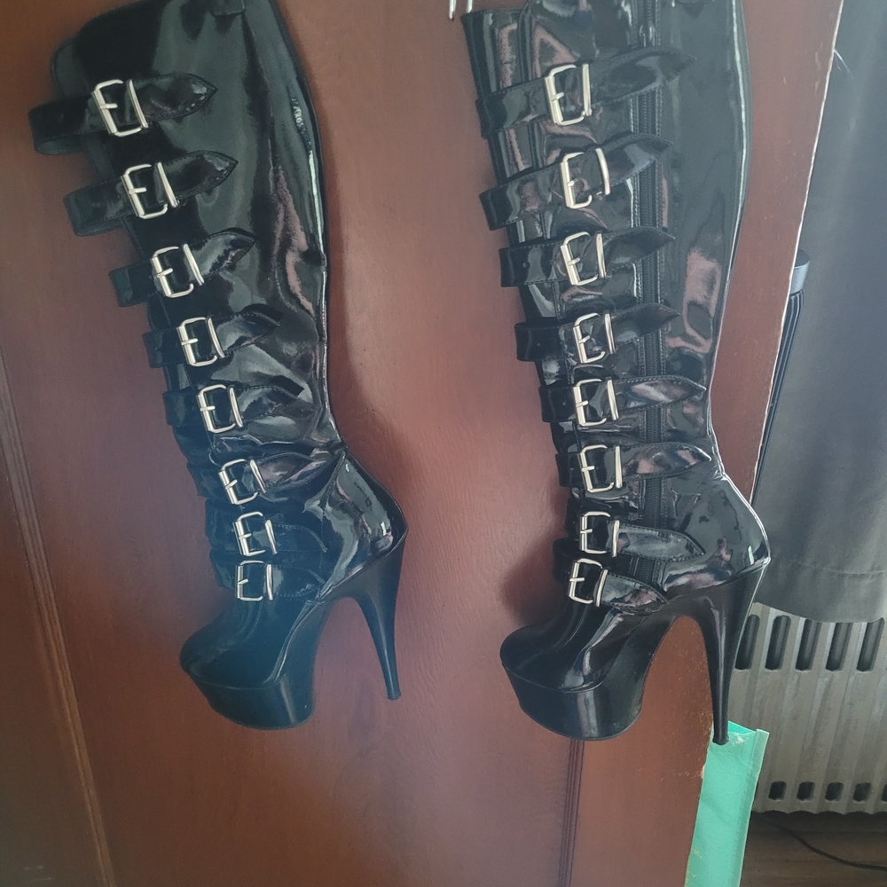Pleaser Shiny Black Heeled Boots with Buckles